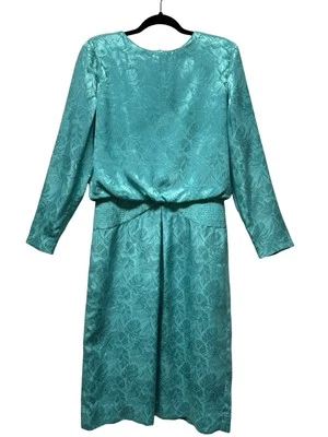 Vtg Henry Lee Women Dress 1960 Green Satin Floral Print Button Up Back Size 12 - Image 1 of 4