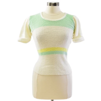 Suéter ajustado vintage años 70 marfil a rayas manga corta abullonada para mujer XS cuello redondo Foto 1 de 4
