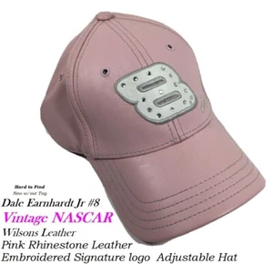 Vintage Earnhardt Jr #8 NASCAR Pink & White Rhinestone Leather Hat HTF - Picture 1 of 12
