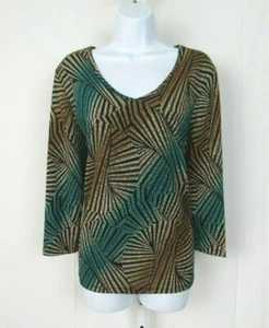 PETER NYGARD GRANDE TOP ASTRATTO MANICA LUNGA ACETATO POLI SPANDEX GLITTER ACCENTI - Foto 1 di 12