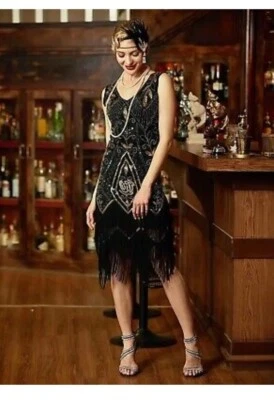 Vestido de fiesta Metme vintage de los años 20 con flecos con cuentas NEGRO/DORADO XS Foto 1 de 4