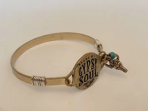 Blame My GYPSY SOUL Bracelet Silver Plated Bangle Cow Skull Bead Charms Engraved - Picture 1 of 3