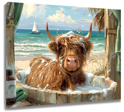 Смешной коричневый корова синий океан пляж холст стены искусства декор для гостиной спальни - Изображение 1 из 4