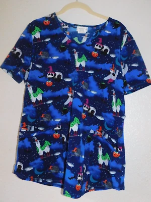 Womens M Medium Scrub Top Blue Halloween Llama Hedgehog - Image 1 of 4