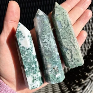 Natural Moss Agate Stone Tower Single Point Crystal Wand Obelisk Home Decoration - Picture 1 of 6
