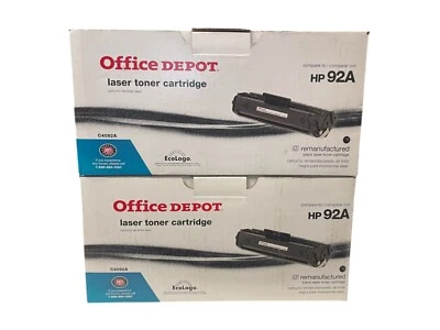 LOTE DE (2) NUEVOS Cartucho de tinta de tóner láser negro Office Depot HP 92A C4092A, REMAN Foto 1 de 4