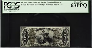 Justice Fractional Currency Third Issue 50 Cents FR# 1361 CH UNC PCGS 63 PPQ - Picture 1 of 2