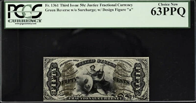 Justice Fractional Currency Third Issue 50 Cents FR# 1361 CH UNC PCGS 63 PPQ - Image 1 of 2