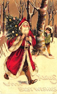 Carte postale Noël Père Noël randonnée à travers les bois avec arbre sceau de Noël 1909 - Photo 1 sur 2