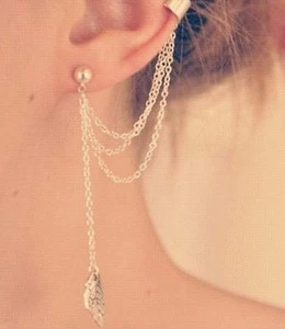 Trendy Gold Tone Ear Cuff Clip Earrings Leaf Chain Climber Rings Dangle ecf01 - Picture 1 of 2