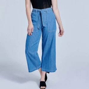 NWT Seven7 Wide Leg Crop Pants Womens 8 Striped Denim Belt Patch Pocket Coastal - Picture 1 of 12