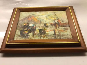vintage Painting Oil On Canvas Signed Fisherman Boat - Picture 1 of 9
