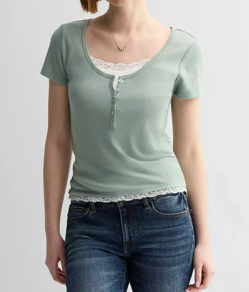 Pink Republic Juniors' Sage/White 2-Fer Lace Trim SS Henley Top - Size L - NWT - Image 1 of 1