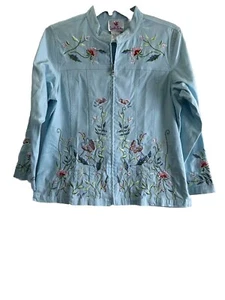 Quacker Factory Jacket L Turquoise Floral Embroidered Sequin Beaded Zip Stretch - Picture 1 of 20
