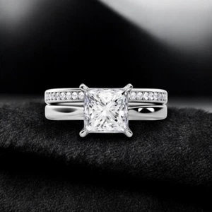  14K White Gold Diamond Ring Set Lab Created IGI Certified 2.20 Ct Princess Cut - Picture 1 of 14