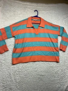 SHE + SKY Pullover Damen Large orange türkis gestreift Polokragen V-Ausschnitt Pulli - Bild 1 von 15