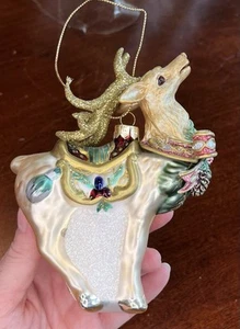 Fitz and Floyd Christmas Ornament Glass Reindeer Glitter Wreath Bow Vintage - Picture 1 of 16