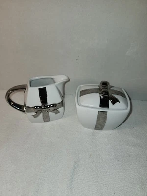 Sugar Bowl + Creamer Beekman Home white w silver bow +Handles Set Excellent Con - Image 1 of 4