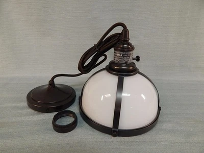 Pottery Barn Milk Glass Pendant Light 8.5" Diameter with Bronze Finish NEW - Image 1 of 4