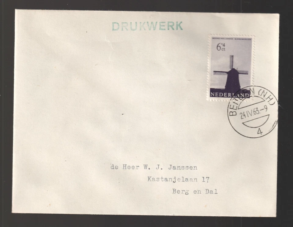 Netherlands  1963  6c cover windmill  FDC  Bergen NH - Image 1 of 1