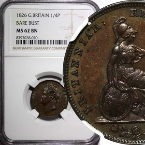 Great Britain George IV Copper 1826 Farthing Bare Bust NGC MS62 BN KM# 697 (020) - Picture 1 of 5
