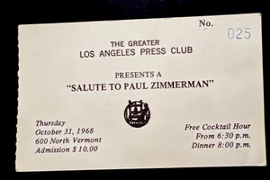 Boleto Greater Los Angeles Press Club 1968 saludo a Paul Zimmerman L.A. Times - Imagen 1 de 3