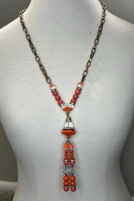 J. Crew Necklace NEW Orange Clear Faux Coral Bead Gold Tone Cable Link Chain - Image 1 of 4
