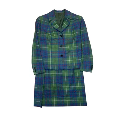 Terno saia xadrez lã azul verde década de 1960 – Conjunto tartan personalizado sob medida P/M - Imagem 1 de 4