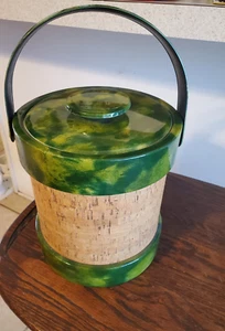 Vintage MCM Cork Wrapped Ice Bucket with Vinyl Green Trim, Lid and Handle - Picture 1 of 17