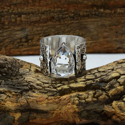 Anillo banda plata esterlina 925 piedras preciosas topacio blanco día de San Valentín todos los tamaños Foto 1 de 4