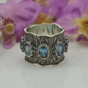 Natural Gemstone Blue Topaz Wide Band Ring 925 Sterling Silver Textured Jewelry - Picture 1 of 5