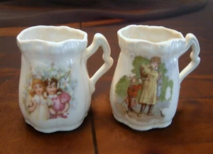 Pair: ANTIQUE CHILD'S TRANSFERWARE PORCELAIN CUPS MUGS 2 3/4" - Picture 1 of 5