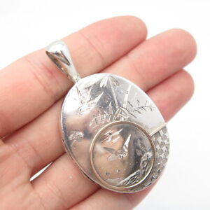 Antique Victorian Gold & Sterling Silver Birds & Butterfly Etched Locket Pendant