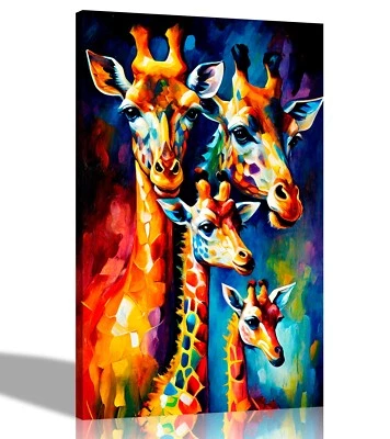 Giraffe Family Canvas Wall Art Pictures Oil Painting Print Abstract Artwork Kids - Image 1 of 4