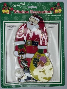 Vintage Christmas Crystalline Window Decoration Santa w/ Bag Stained Glass Look - Picture 1 of 2
