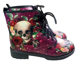 Women Size 40 Purple Ankle Boots Print Skull Rose Flower Low Heels Shoes - Picture 1 of 5