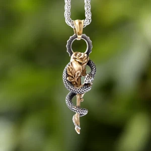 316L Edelstahl Schlange auf Rose Anhänger mit Kette - Halskette Edelstahl 60 cm - Bild 1 von 10