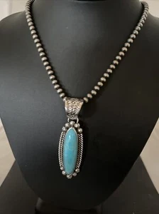 Mens Kingman Turquoise Pendant Sterling Silver Beads Necklace 01070 - Picture 1 of 12