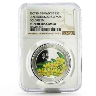 Moneda de plata 2007 Singapur $5 flores de orquídea Dendrobium Singa Mas PF70 NGC Foto 1 de 2