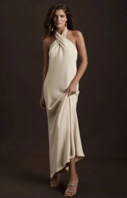 Bhldn Ruby Twist Halter Satin Dress Champagne Maxi Size 2 Sleeveless - Image 1 of 4