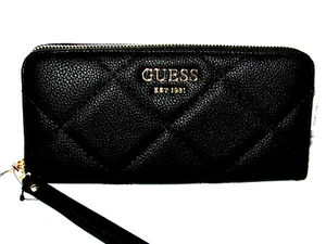 GUESS Fantine Black Logo Quilted Leather Zip Around Wristlet Wallet NWT🎀NEW🎁 - Picture 1 of 10