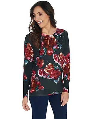 Quacker Factory Pine Floral Long-Sleeve Crew Neck Sparkle Sweater New - Image 1 of 4