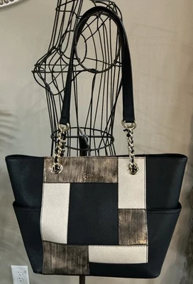 Calvin Klein Color Block Black Gold Tan Leather Tote Handbag NWOT - Image 1 of 4