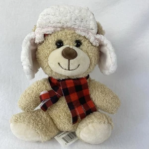 Small Teddy Bear Buffalo Red Plaid Hat & Scarf 7.5" Beige Stuffed Animal Soft - Picture 1 of 11