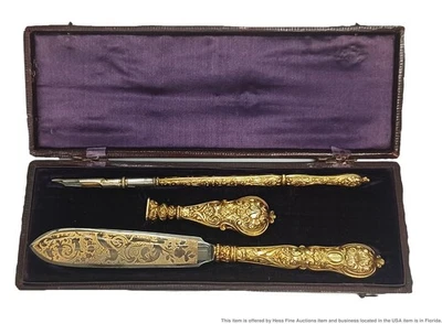 Juego de escritorio bolígrafos de tinta victoriana abrecartas sello de cera sello sin monograma Foto 1 de 3