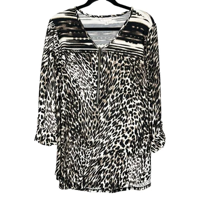 Dressbarn 衬衫 1X 上衣棕色动物印花人造标签 3/4 袖拉链 V 领弹力 — 第 1/4 张图片