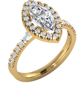 Marquise Round Diamond I1 G 1.72 Carat Solitaire Halo Ring 14K Solid Gold 16 mm - Picture 1 of 7