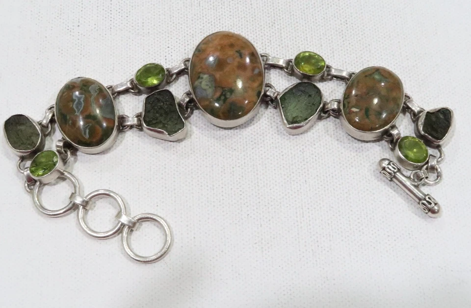 Pulsera artesanal BJ 925 riolita/jaspe de océano, moldavita y peridoto esterlina Foto 1 de 4