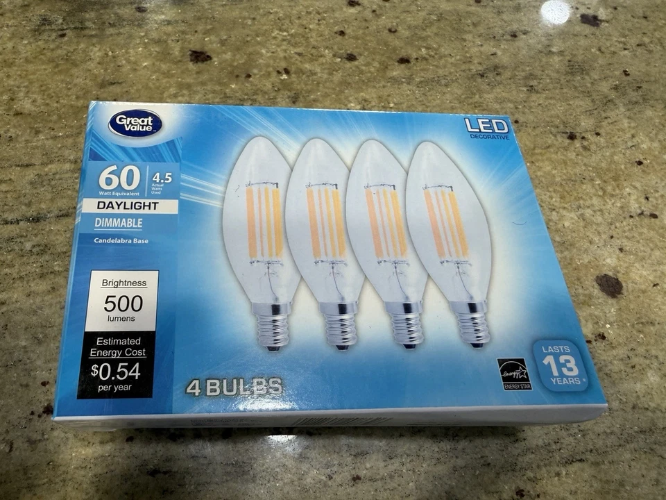 Great Value 4Pk Daylight Med Base B10 Bulbs. 25W/3W Dimmable/Clear/Decorative - Image 1 of 1