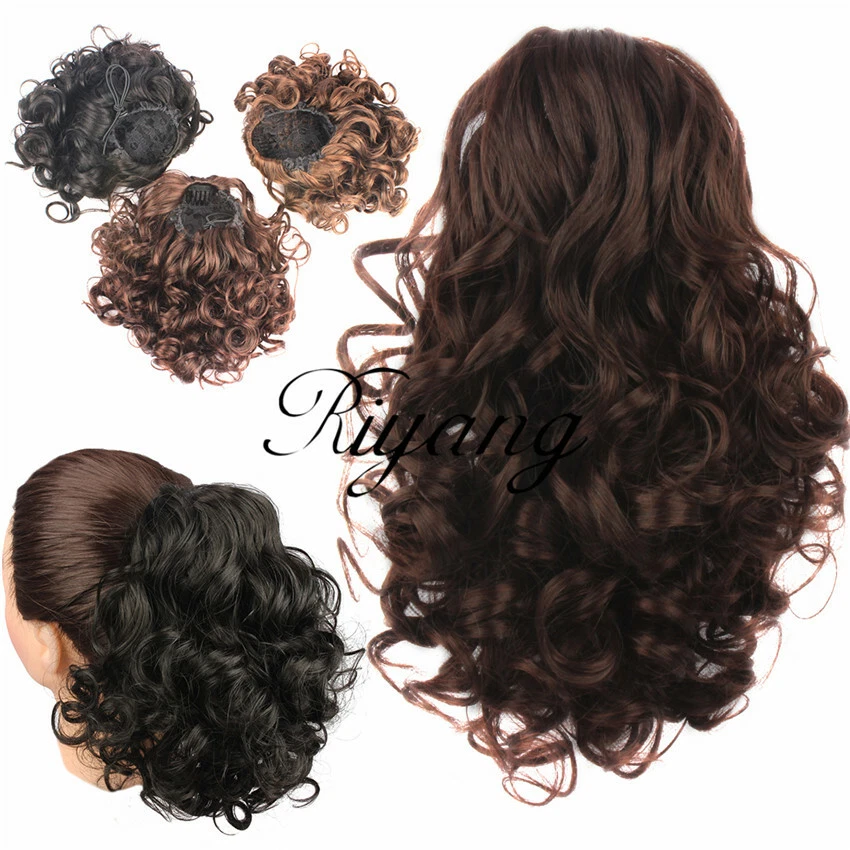 Hair Bun Medium Long Curly Short Ponytail Extensions Drawstring Hairpiece Black - Image 1 of 4